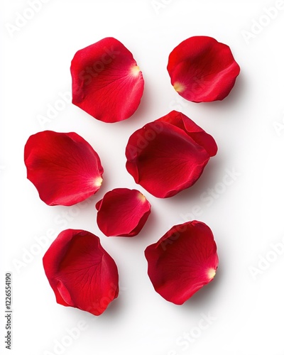 Red rose petals scattered on a white surface creating an elegant and romantic floral still life