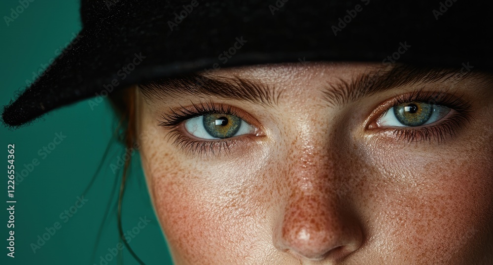 Close-up of a woman's eyes and face, freckles, green eyes, beauty, makeup Close-up of a woman's eyes and face, freckles, green eyes, beauty, makeup