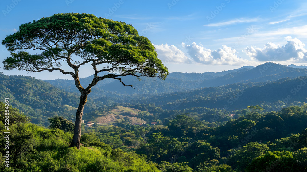 Majestic tree atop hill, overlooking lush green mountains under a bright blue sky; perfect for nature, travel, and environmental publications Majestic tree atop hill, overlooking lush green mountains under a bright blue sky; perfect for nature, travel, and environmental publications