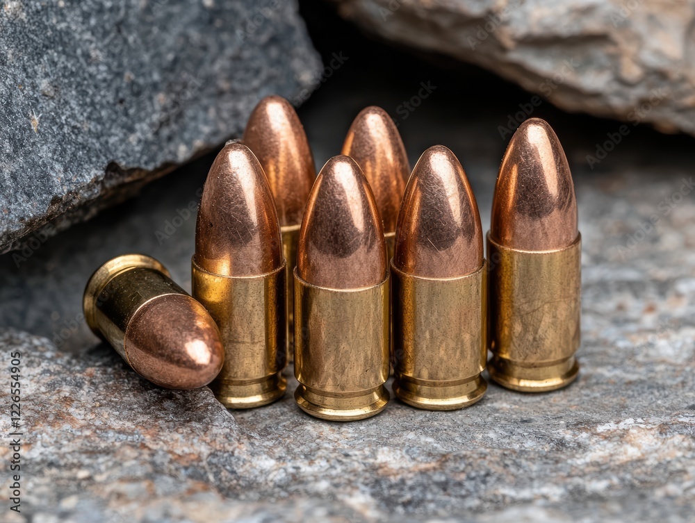 Close-up of several bullets on a rocky surface Close-up of several bullets on a rocky surface