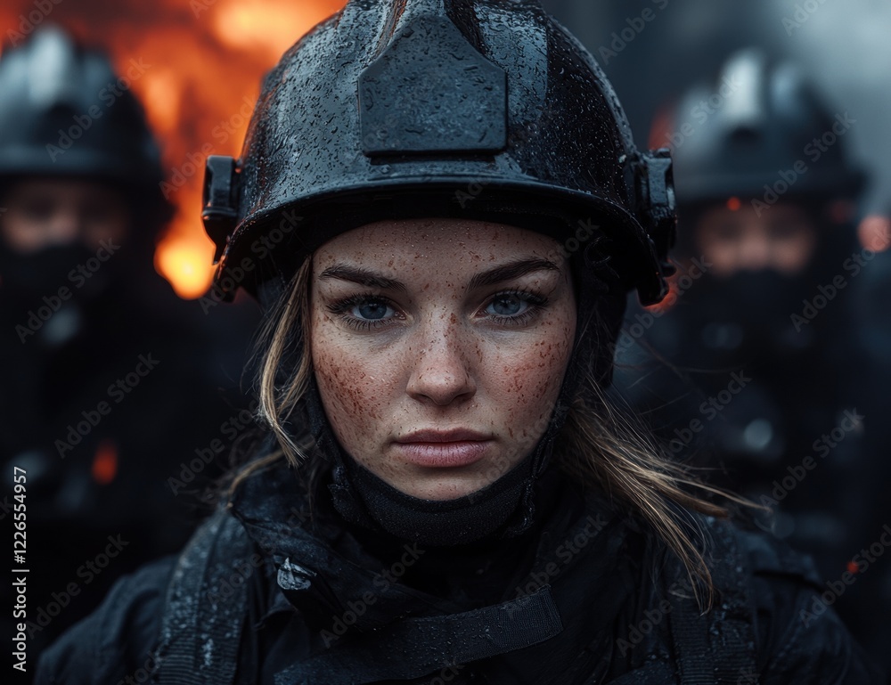 Female firefighter in action during a fire Female firefighter in action during a fire