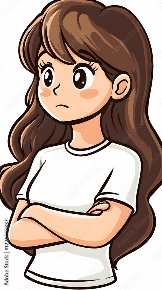 Pensive girl, arms crossed, white shirt, anime style, illustration for website design Pensive girl, arms crossed, white shirt, anime style, illustration for website design