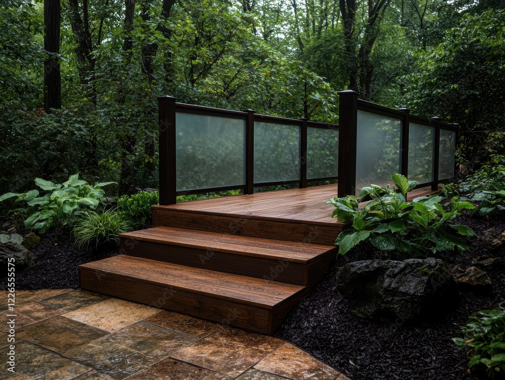 Modern wooden deck bridge with frosted glass panels in a lush garden Modern wooden deck bridge with frosted glass panels in a lush garden