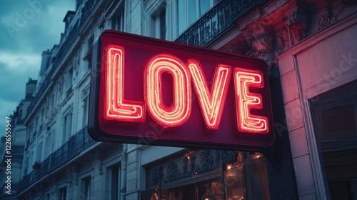 Bright neon love sign illuminates a city street during twilight hours with vintage charm