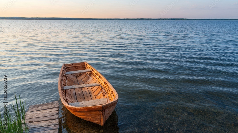 Obraz premium Wooden rowboat on a calm lake at sunset