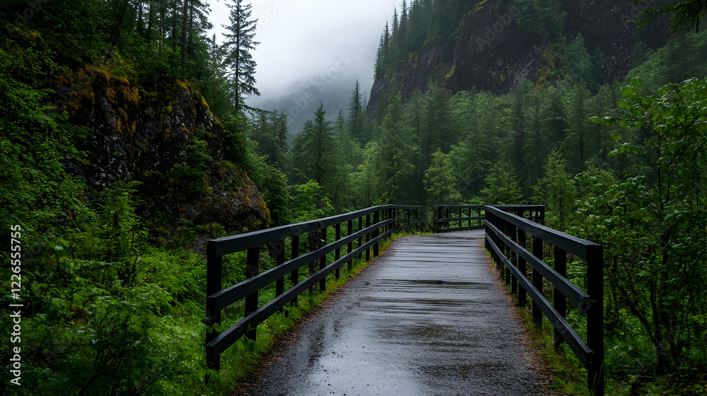 Rainy day hike on a wooden bridge through a lush green forest canyon Rainy day hike on a wooden bridge through a lush green forest canyon