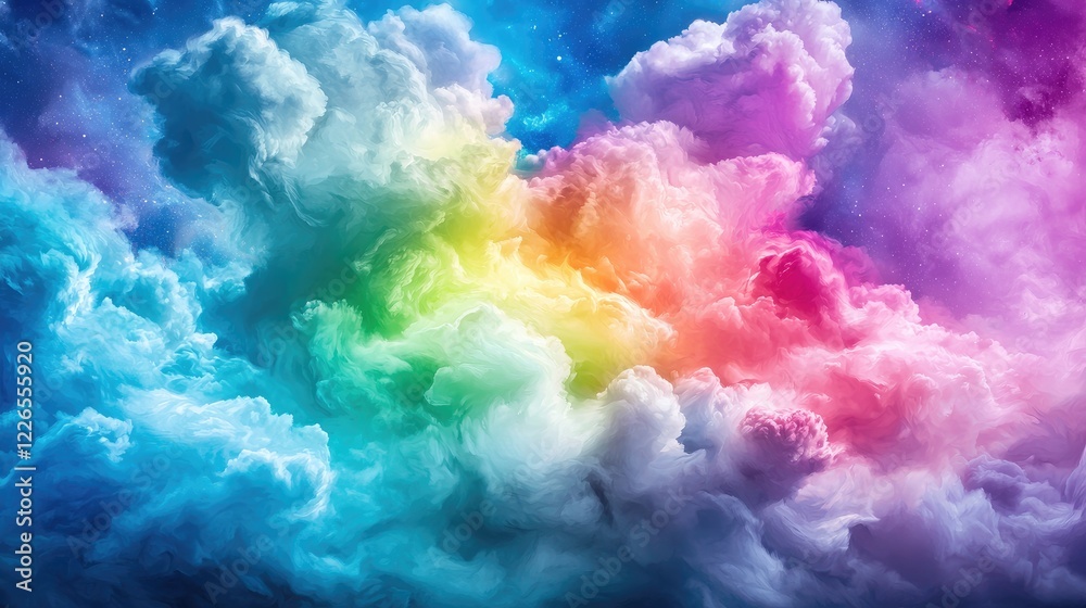 Fototapeta premium Vibrant rainbow clouds swirl across a bright sky in a colorful abstract dreamscape.