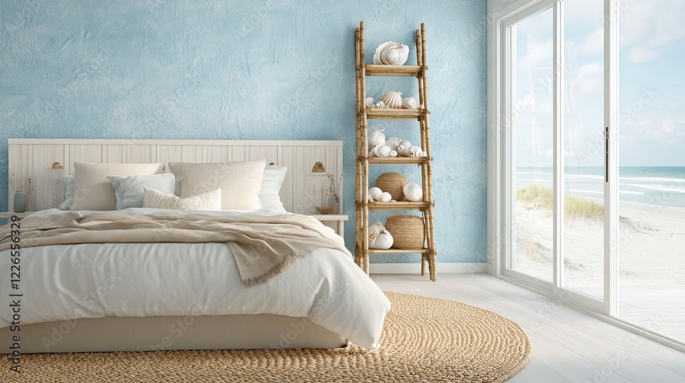 Fototapeta premium A coastal loft-inspired bedroom with textured light blue