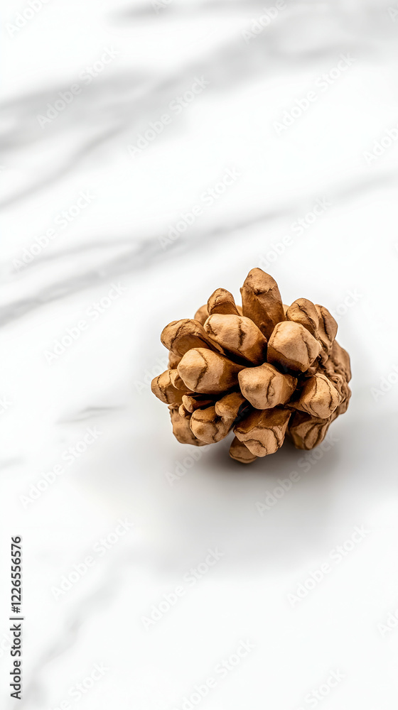 Single brown pine cone on marble, minimalist nature still life, holiday decoration Single brown pine cone on marble, minimalist nature still life, holiday decoration
