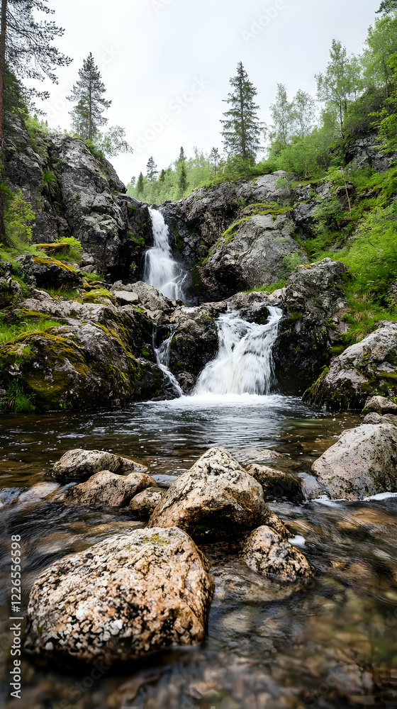 Serene waterfall cascading through rocks in a forest. Perfect for travel brochures or nature documentaries Serene waterfall cascading through rocks in a forest. Perfect for travel brochures or nature documentaries