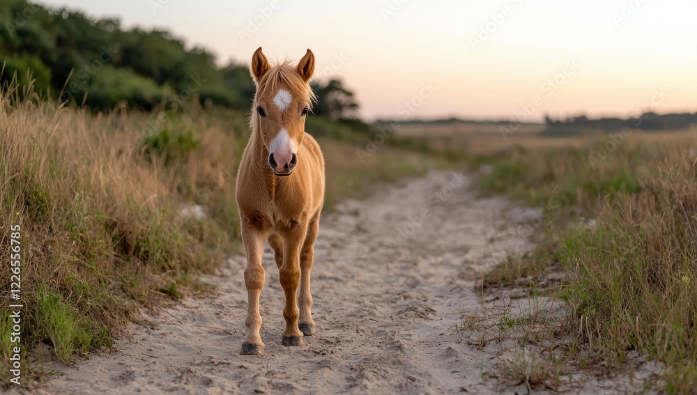 Fototapeta premium Adorable young foal standing on a sandy path