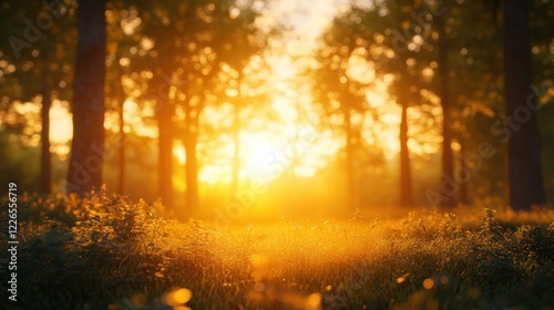 Fototapeta Naklejka Na Ścianę i Meble -  Sunset forest scene, golden hour, nature background