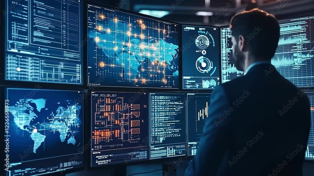 It specialist working in a dark room analyzing big data on multiple computer screens showing various information including world maps, statistics, and programming code