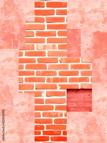 Processed collage of obsolete red brock masonry wall texture. Background for banner, backdrop photo