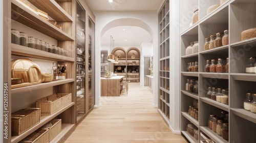 Elegant Walk-in Pantry Wood and Glass Shelving Design, Neutral Tones, Organized Storage, Kitchen Design, Pantry Organization Pantry Design, Kitchen Storage