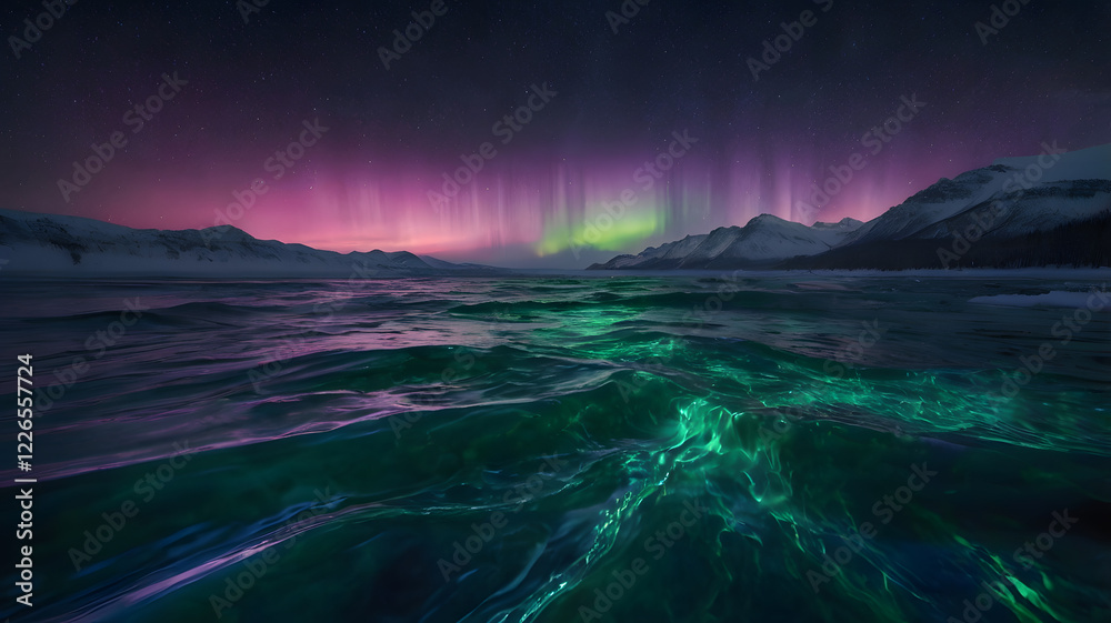 Naklejka premium Aurora borealis reflected in a calm body of water, mountains in the background.