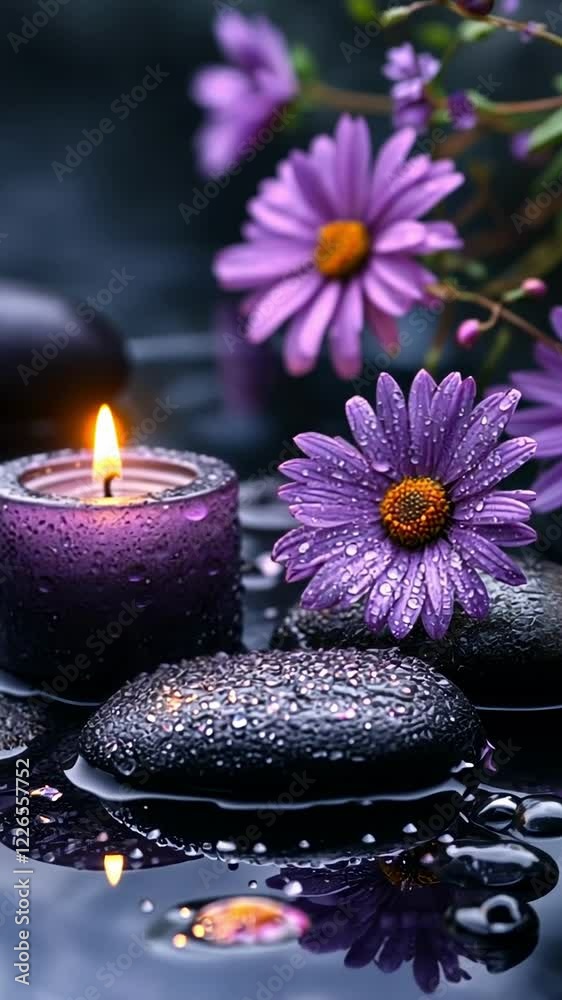 Relaxing moment with candles, flowers, and stones in a tranquil setting with soft lighting Relaxing moment with candles, flowers, and stones in a tranquil setting with soft lighting