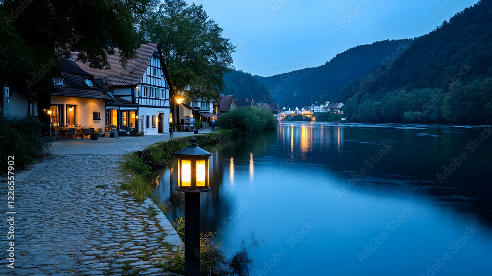 Fototapeta premium Twilight riverside village, cobblestone path, illuminated lamp, tranquil river reflection, scenic background