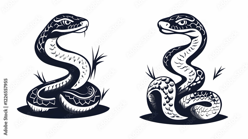 Two stylized snake illustrations, coiled, facing right, isolated on white, for tattoo design or graphic art Two stylized snake illustrations, coiled, facing right, isolated on white, for tattoo design or graphic art