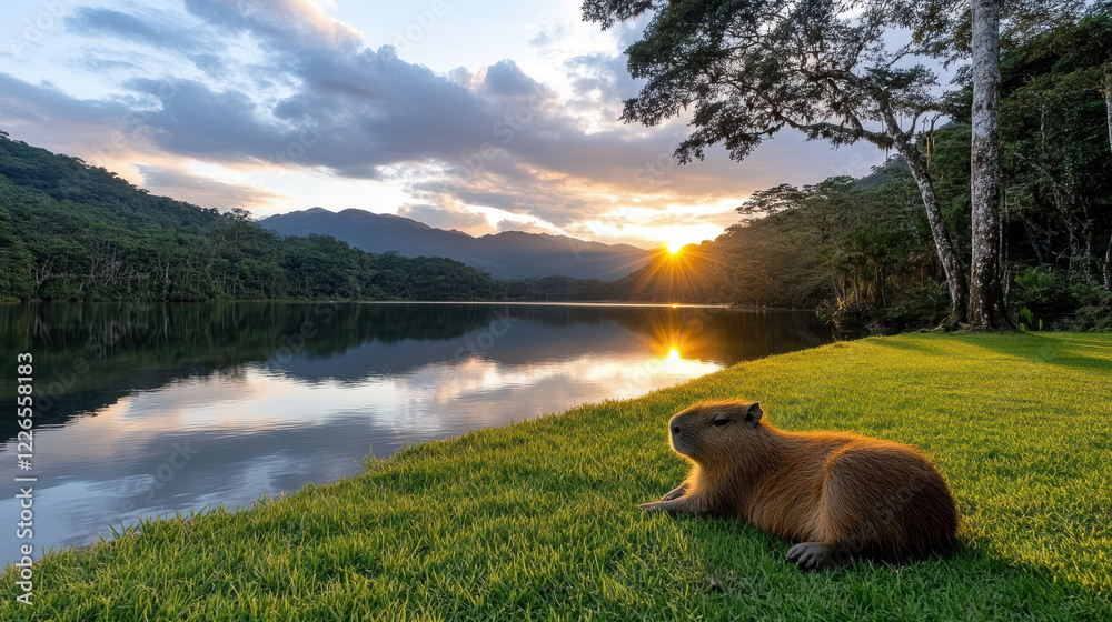 Obraz premium capybara lounging by serene lake at sunset, surrounded by nature beauty