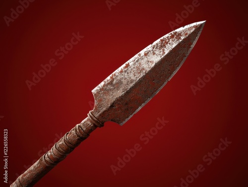 Rusty ancient spearhead on red background