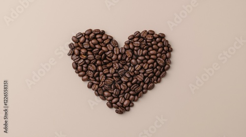 Heart shape made of coffee beans on beige background