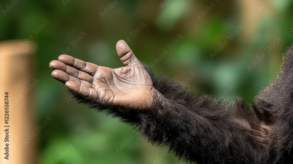 close up of gorilla hand reaching out, showcasing its unique features and texture