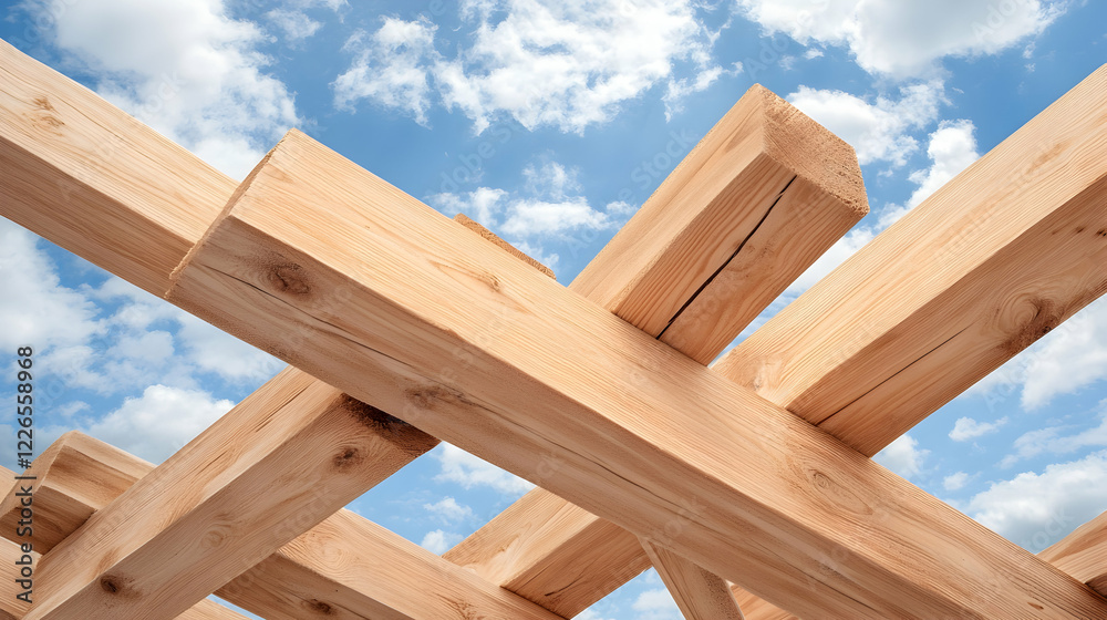 Wooden beams pergola structure against blue sky; architectural design, construction, outdoor project Wooden beams pergola structure against blue sky; architectural design, construction, outdoor project