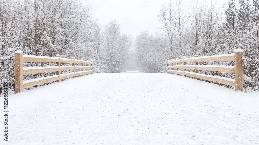 Naklejka premium Snowy path between wooden fences, winter landscape, tranquil scene, perfect for winter travel brochures