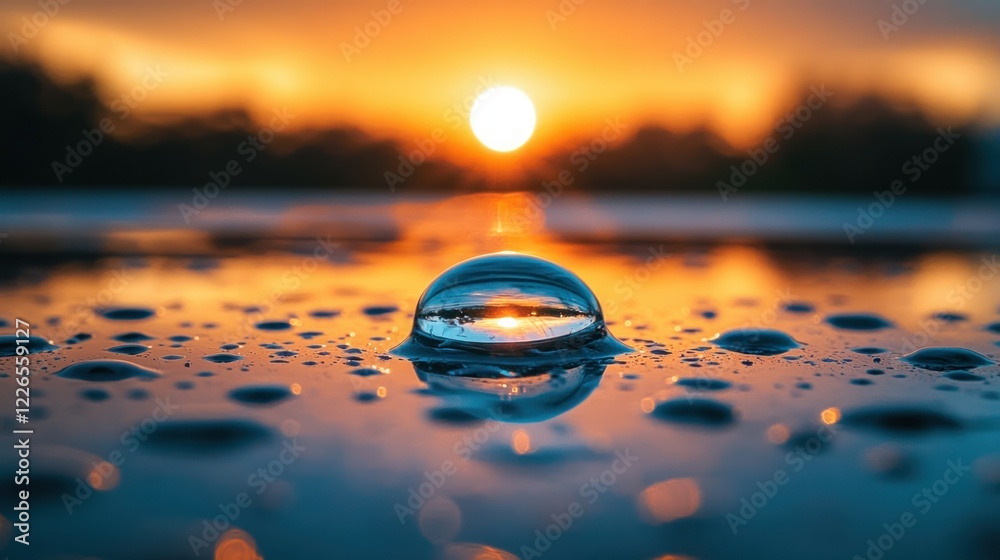 Sunset lensball reflecting water droplets Sunset lensball reflecting water droplets