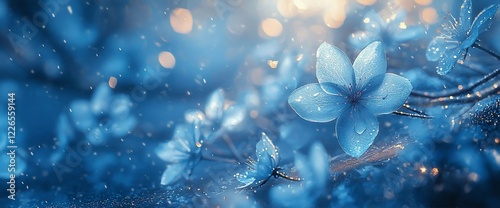 Blue flowers with bokeh and water drops.