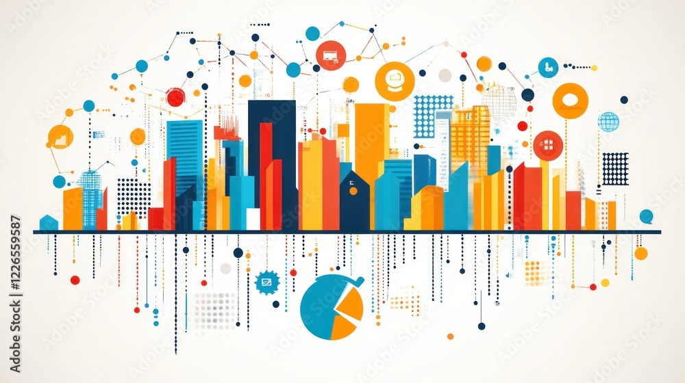 A colorful city skyline with data visualizations representing technology and connectivity. A colorful city skyline with data visualizations representing technology and connectivity.