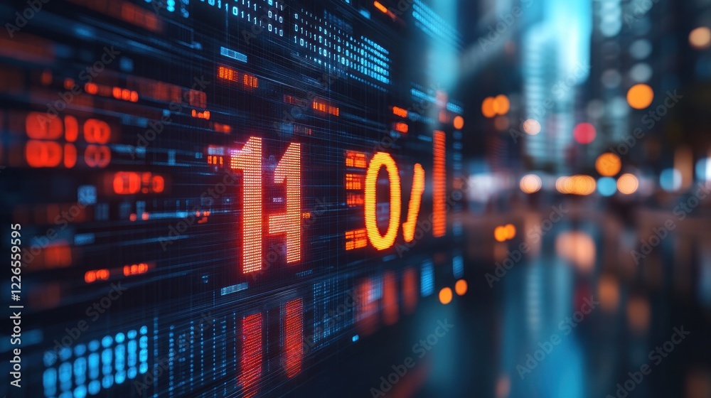 A digital display showing binary numbers in a futuristic urban setting. A digital display showing binary numbers in a futuristic urban setting.