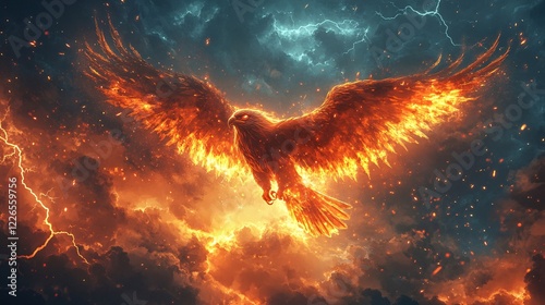 A vector illustration of a glowing storm eagle with shimmering wings, flying in an enchanted lightning storm. photo