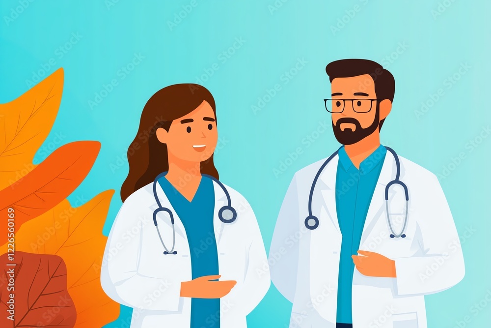 Illustration of two healthcare professionals with stethoscopes in white coats, engaging in a discussion against a colorful background. Illustration of two healthcare professionals with stethoscopes in white coats, engaging in a discussion against a colorful background.
