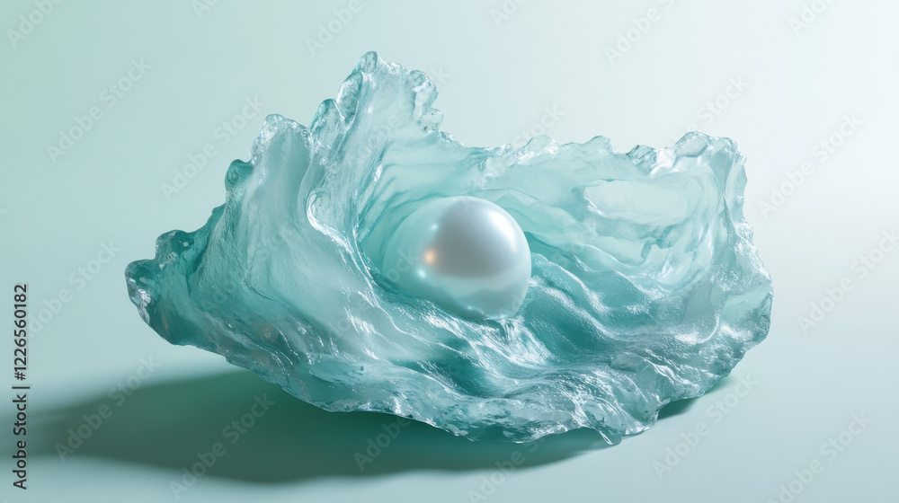 Fototapeta premium An ethereal ocean wave sculpture encasing a glowing pearl, soft and translucent materials in pastel blues and whites, minimalist solid mint background