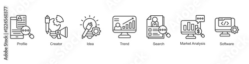 Content Creation Icon profile, creator, idea, trend, search, market analysis, software