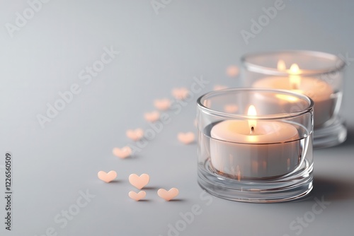 Decorative candles, loveshaped holders with glowing light, 3D illustration photo