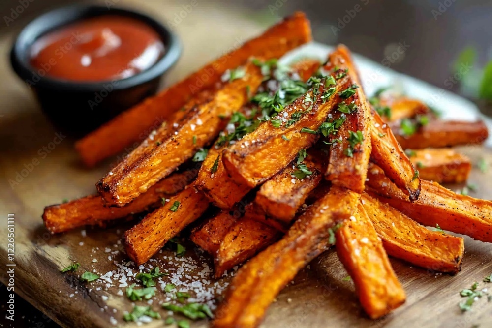 Crispy sweet potato fries served on a wooden platter with a side of ketchup and fresh herbs Crispy sweet potato fries served on a wooden platter with a side of ketchup and fresh herbs