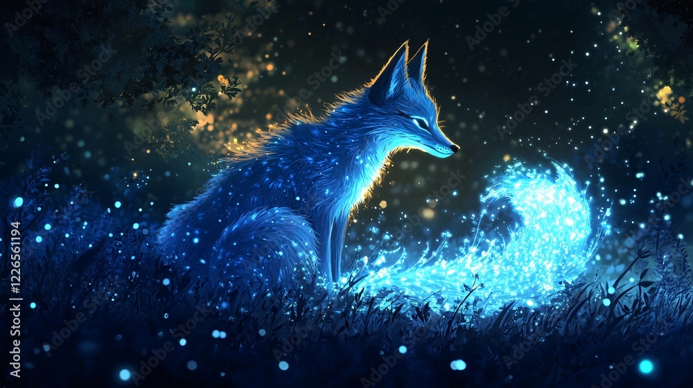 A vector illustration of a glowing firefly fox with sparkling tails, glowing in a midnight meadow. A vector illustration of a glowing firefly fox with sparkling tails, glowing in a midnight meadow.