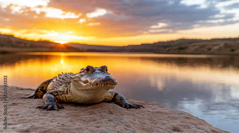 Fototapeta premium crocodile basking on rock during vibrant sunset by water