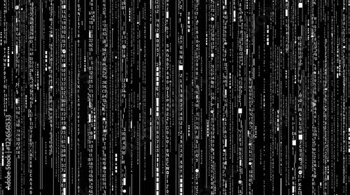 A classic black and white illustration of a glitching matrix exuding a timeless and elegant aesthetic.