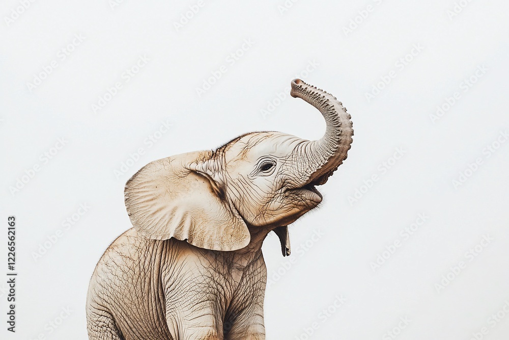 Obraz premium Playful baby elephant raising its trunk in a serene, light-colored environment, evoking joy