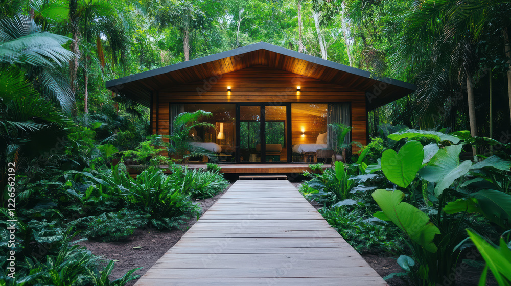 serene wooden cabin surrounded by lush greenery and tropical plants serene wooden cabin surrounded by lush greenery and tropical plants