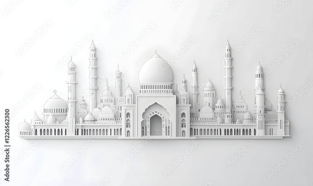 Obraz premium White Mosque Cityscape, Paper Cut, Islamic, Background, Greeting Card