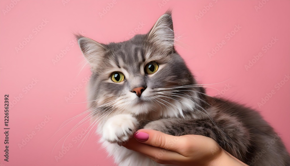 Fluffy Gray Cat Tenderly Placing Paw in Human Hand on Vibrant Pink Background Fluffy Gray Cat Tenderly Placing Paw in Human Hand on Vibrant Pink Background