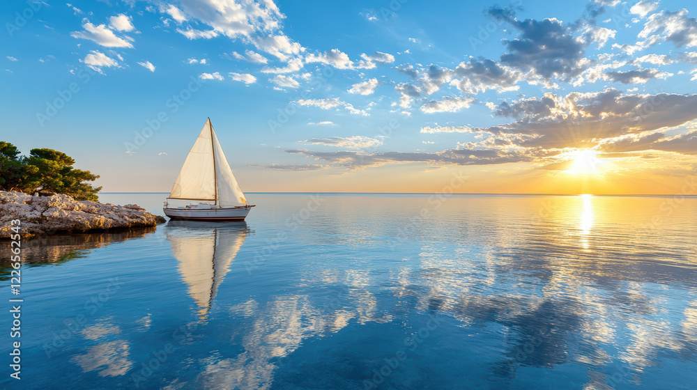 Obraz premium serene sailboat gliding on calm waters at sunset, reflecting clouds and light
