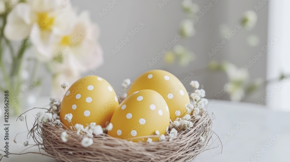 Obraz premium Yellow Easter eggs in a nest with white dots