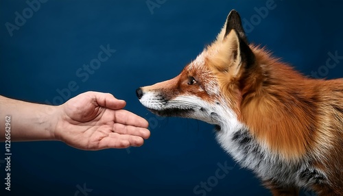 Regal Fox and Human Handshake in Dramatic Studio Light photo