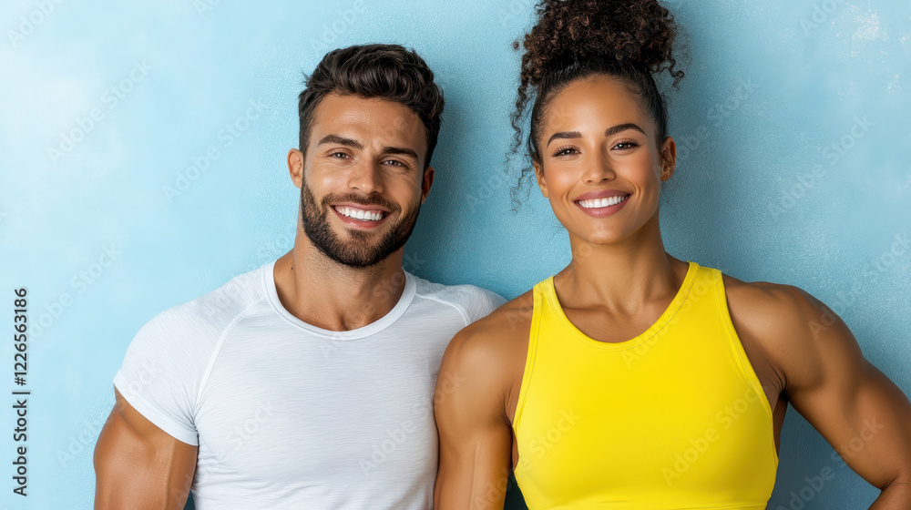 Fit couple posing together, smiling after workout, showcasing strength and happiness Fit couple posing together, smiling after workout, showcasing strength and happiness